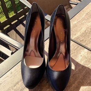 PARIS HILTON BLAIR BLACK STILETTO. Platform accented top stitching 6” heels.